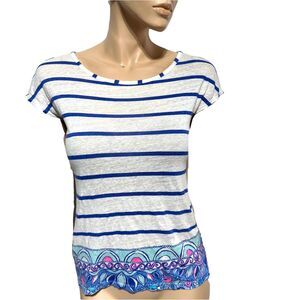 Lilly Pulitzer Aimee Palm Beach Slub 100% Linen Top Blue White Stripe Size S